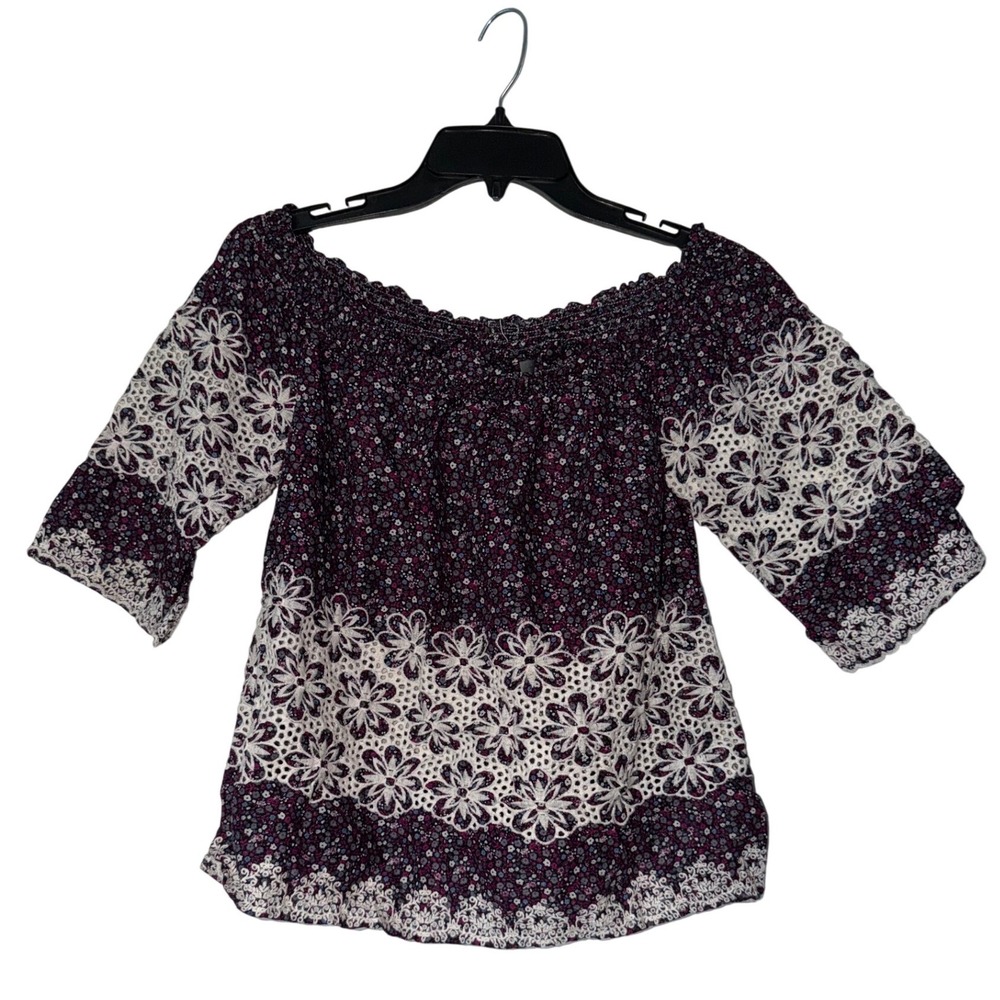 KUT from the Kloth Plum Floral Eyelet Off-the-Shoulder Blouse XSP
